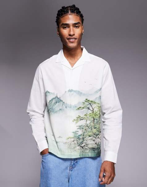 ASOS DESIGN relaxed revere shirt with scenic print in off white - view 1