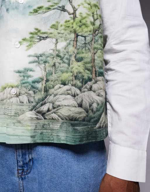 ASOS DESIGN relaxed revere shirt with scenic print in off white, 3 of 5