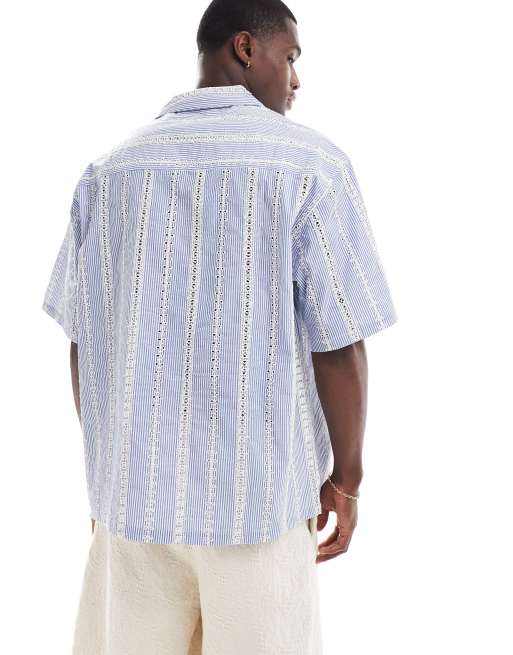 ASOS DESIGN relaxed revere shirt with stripe broderie in blue , 3 of 4