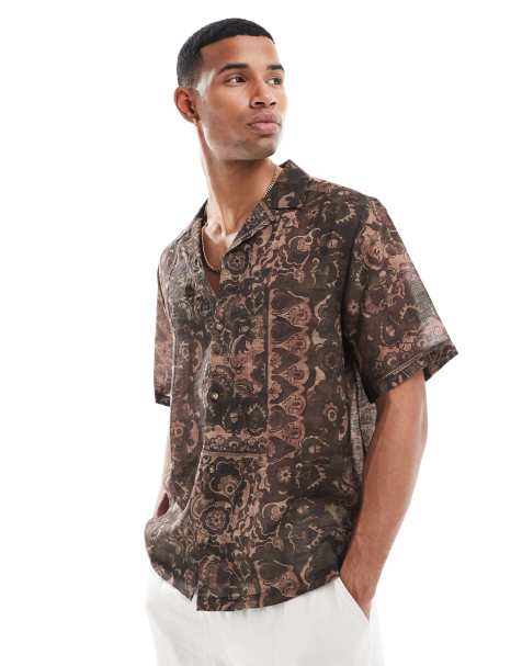 ASOS DESIGN relaxed revere shirt with tapestry print in brown - view 1