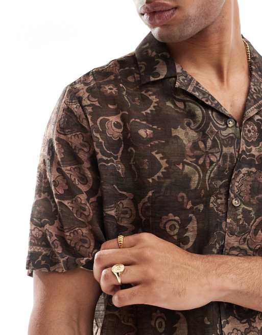ASOS DESIGN relaxed revere shirt with tapestry print in brown, 3 of 4