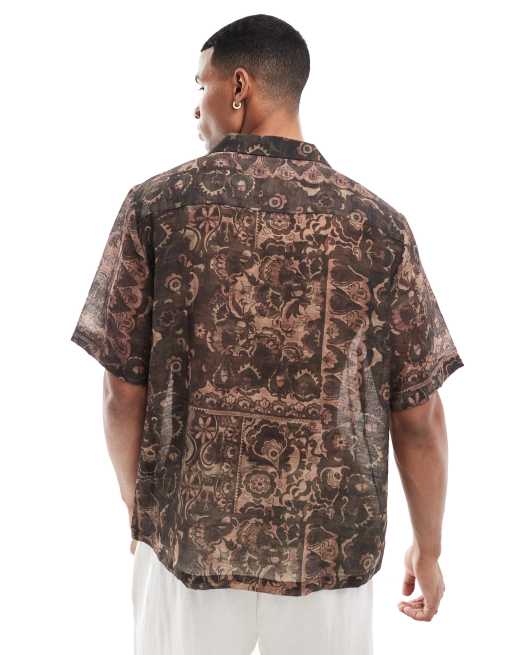 ASOS DESIGN relaxed revere shirt with tapestry print in brown, 4 of 4