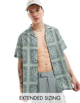 Asos Design Relaxed Revere Shirt With Tile Bandana Print In Sage-green