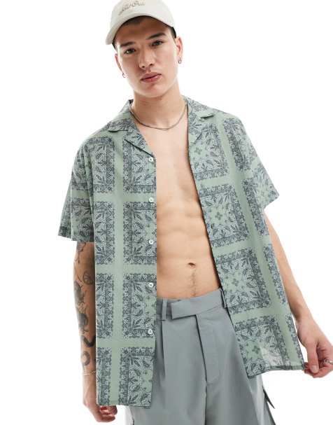 ASOS DESIGN relaxed revere shirt with tile bandana print in sage