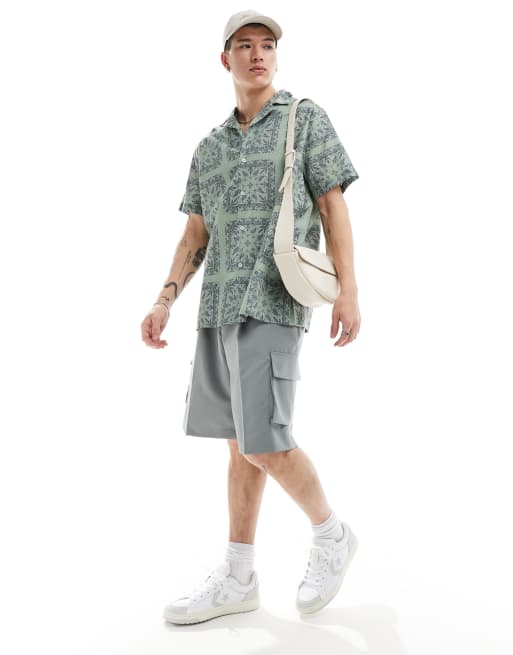 ASOS DESIGN relaxed revere shirt with tile bandana print in sage, 2 of 4