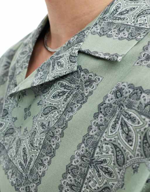 ASOS DESIGN relaxed revere shirt with tile bandana print in sage, 3 of 4