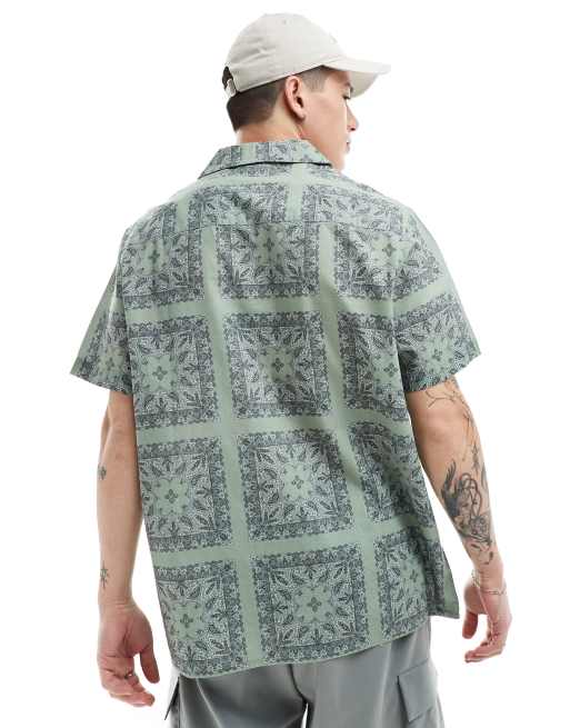 ASOS DESIGN relaxed revere shirt with tile bandana print in sage, 4 of 4