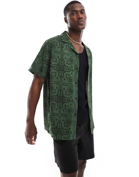 ASOS DESIGN relaxed revere shirt with tile print in green - view 1