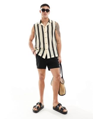 ASOS DESIGN relaxed revere sleeveless shirt in monochrome crochet stripe  - ASOS Price Checker