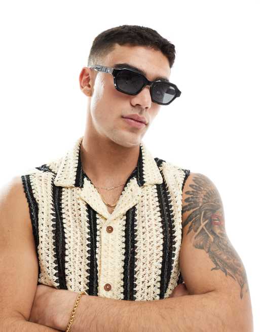 ASOS DESIGN relaxed revere sleeveless shirt in monochrome crochet stripe , 4 of 4