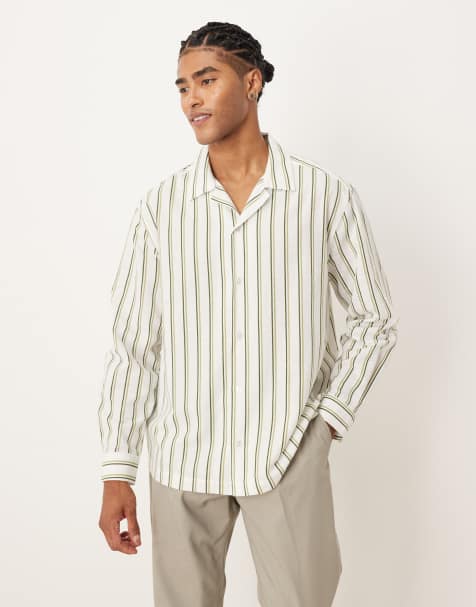 ASOS DESIGN relaxed revere stripe shirt in beige - view 1