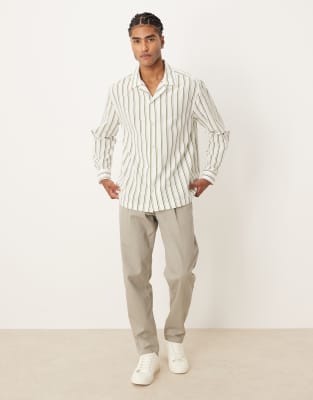 Asos Design Relaxed Revere Stripe Shirt In Neutral