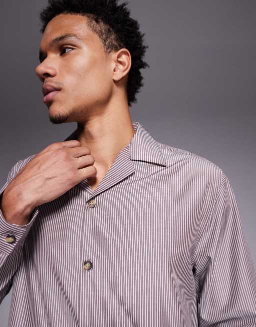ASOS DESIGN relaxed revere stripe shirt in brown, 5 of 5