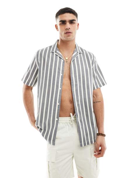ASOS DESIGN relaxed revere stripe shirt in grey - view 1