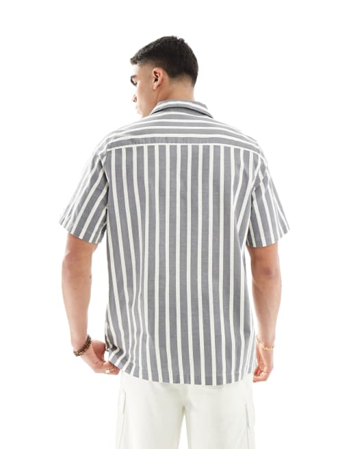 ASOS DESIGN relaxed revere stripe shirt in grey , 2 of 4