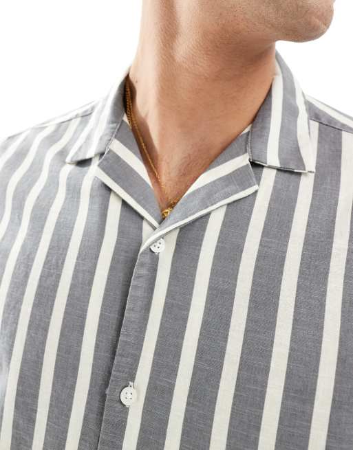 ASOS DESIGN relaxed revere stripe shirt in grey , 4 of 4