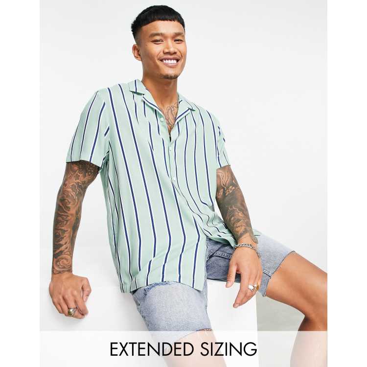 ASOS DESIGN relaxed revere stripe shirt in sage green & white