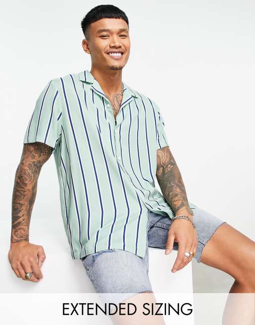 ASOS DESIGN relaxed revere stripe shirt in sage green & white