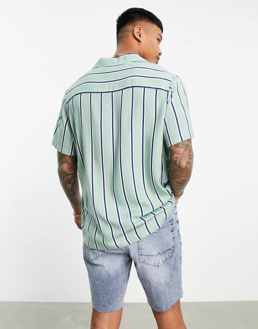 ASOS DESIGN relaxed revere stripe shirt in sage green & white