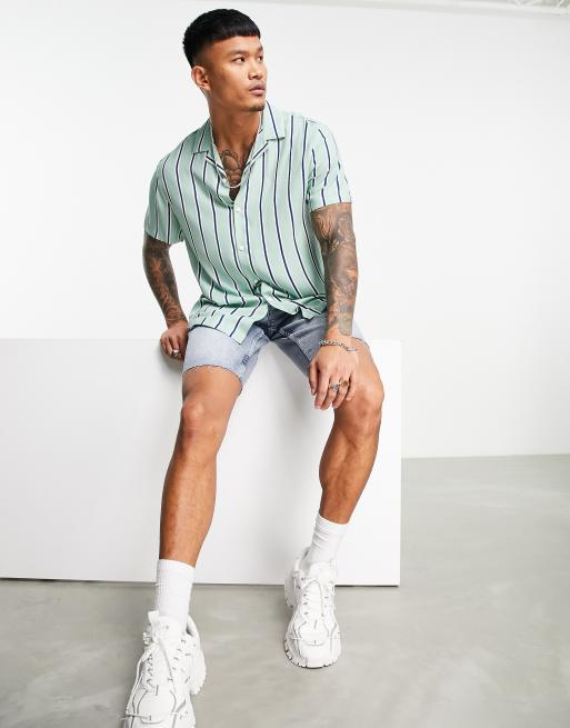 ASOS DESIGN relaxed revere stripe shirt in sage green & white