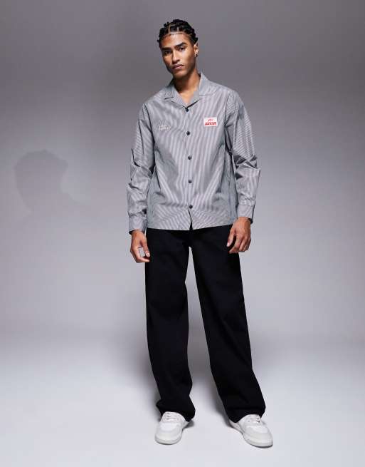 ASOS DESIGN relaxed revere stripe shirt with embroidery in blue, 2 of 5