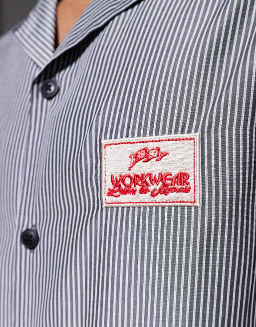 ASOS DESIGN relaxed revere stripe shirt with embroidery in blue, 5 of 5
