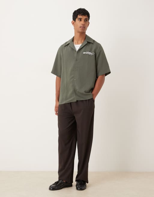 ASOS DESIGN relaxed revere stripe shirt with embroidery in green, 2 of 5