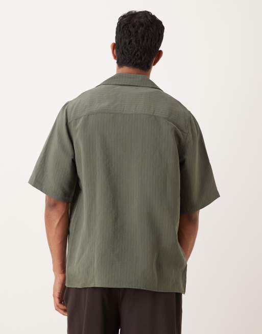 ASOS DESIGN relaxed revere stripe shirt with embroidery in green, 3 of 5