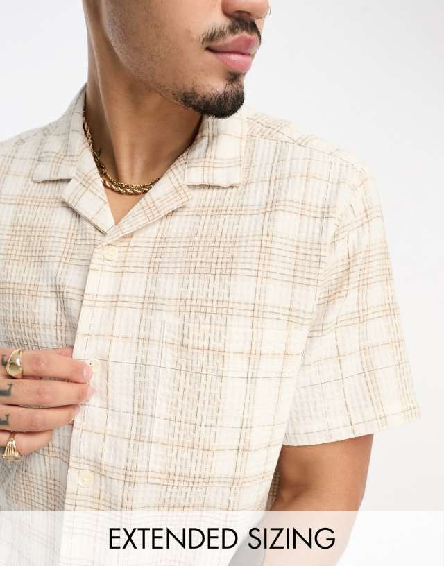 ASOS DESIGN relaxed revere textured check shirt in beige