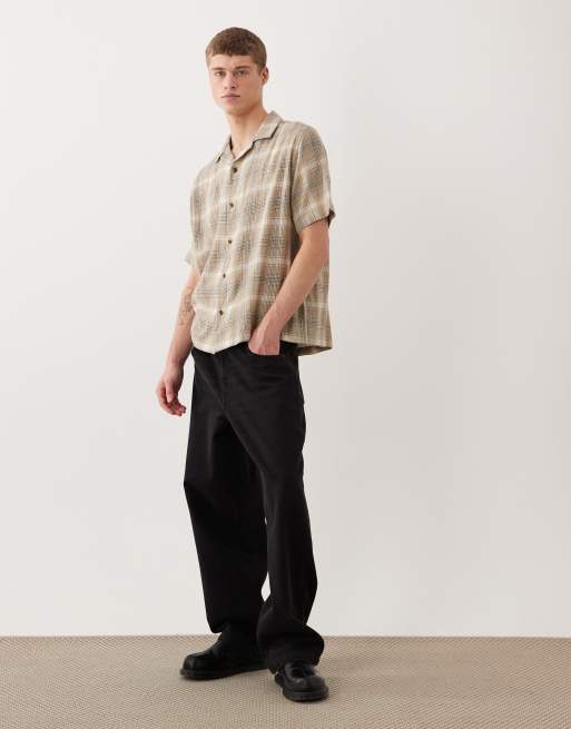 ASOS DESIGN relaxed revere textured check shirt in beige, 2 of 5