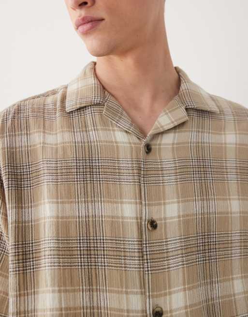 ASOS DESIGN relaxed revere textured check shirt in beige, 5 of 5
