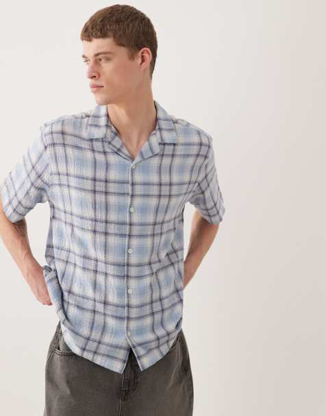 ASOS DESIGN relaxed revere textured check shirt in light blue - view 1