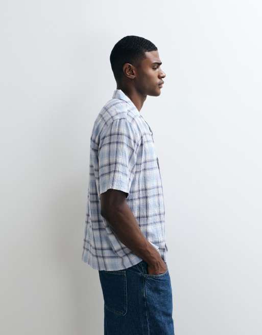 ASOS DESIGN relaxed revere textured check shirt in light blue, 2 of 5