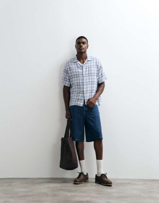 ASOS DESIGN relaxed revere textured check shirt in light blue, 3 of 5