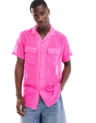 Asos Design Relaxed Revere Textured Sheer Shirt With Double Pockets In Hot Pink