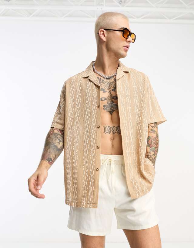 ASOS DESIGN relaxed revere textured shirt in beige