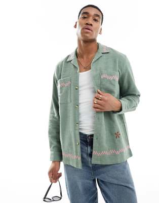 Asos Design Relaxed Revere Textured Shirt With Floral Embroidery Print-green