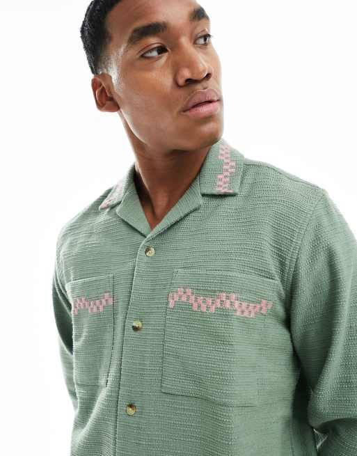 ASOS DESIGN relaxed revere textured shirt with floral embroidery print, 2 of 4