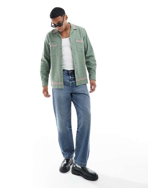 ASOS DESIGN relaxed revere textured shirt with floral embroidery print, 3 of 4