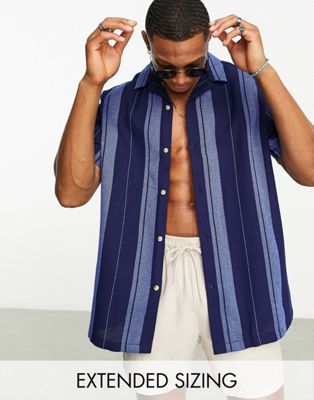 ASOS DESIGN relaxed revere textured stripe shirt in navy - ASOS Price Checker
