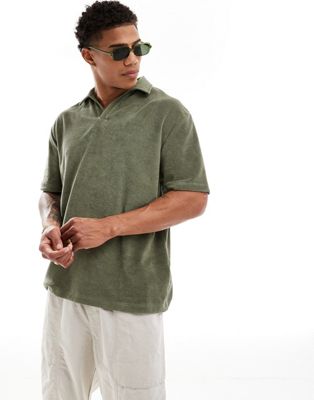 ASOS DESIGN relaxed revere towelling polo in khaki-Green