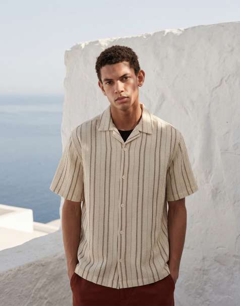 ASOS DESIGN relaxed revere waffle textured stripe shirt in beige