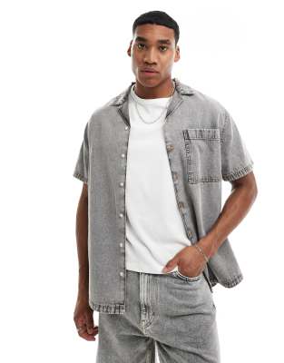 Asos Design Relaxed Revere Washed Denim Shirt In Gray