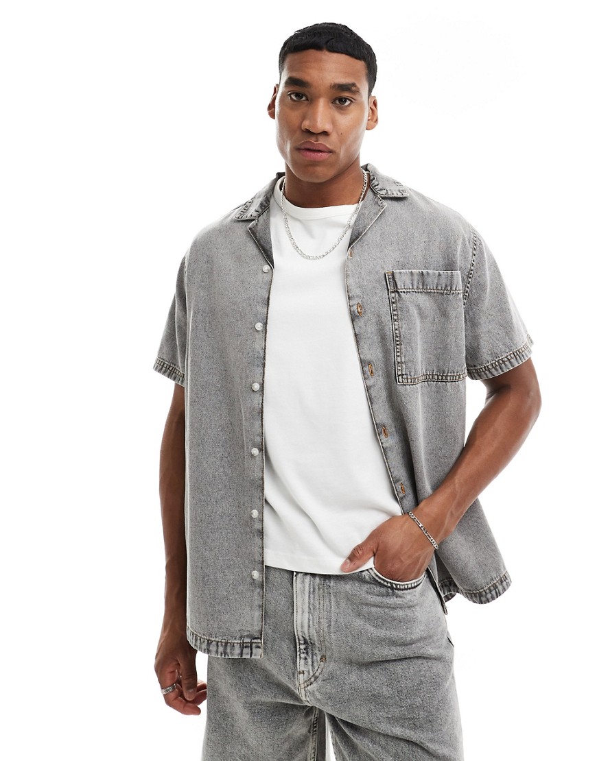 ASOS DESIGN relaxed revere washed denim shirt in grey