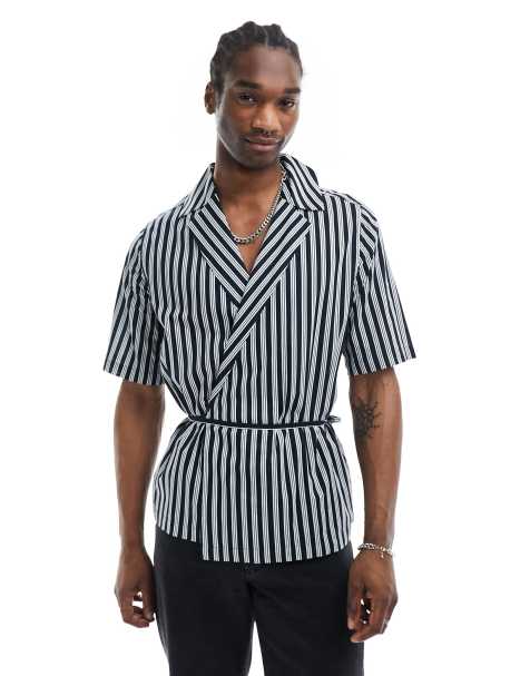 ASOS DESIGN relaxed revere wrap tie shirt in workwear stripe - view 1