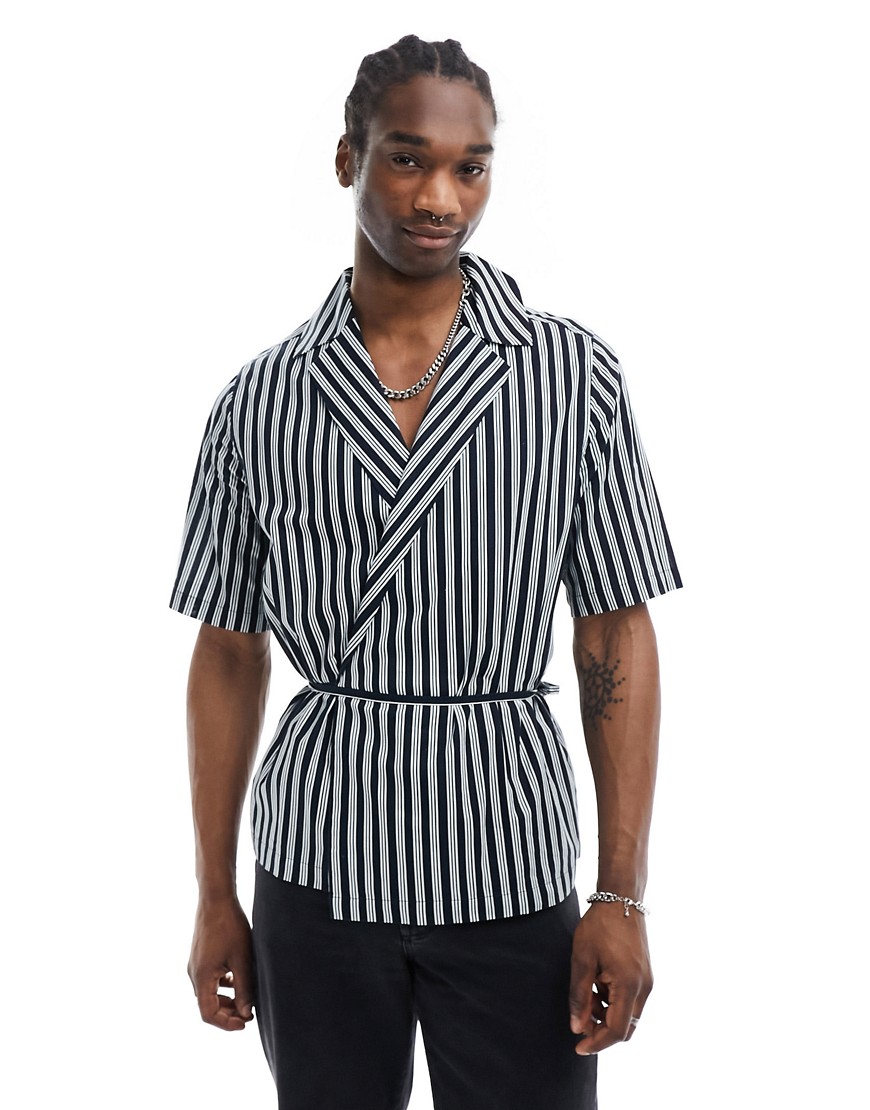 ASOS DESIGN relaxed revere wrap tie shirt in workwear stripe-Blue