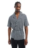 [ASOS DESIGN] ASOS DESIGN relaxed revere wrap tie shirt in workwear stripe-Blue M BLUE