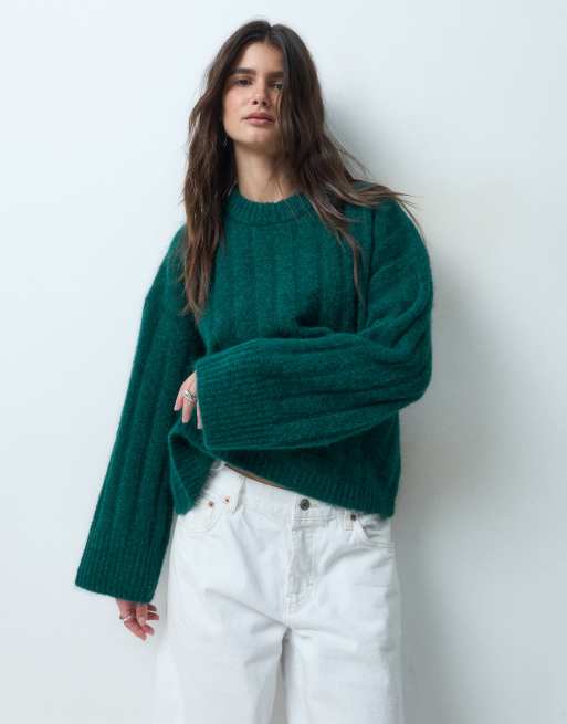 ASOS DESIGN relaxed rib crew neck knitted jumper in forest green, 2 of 4
