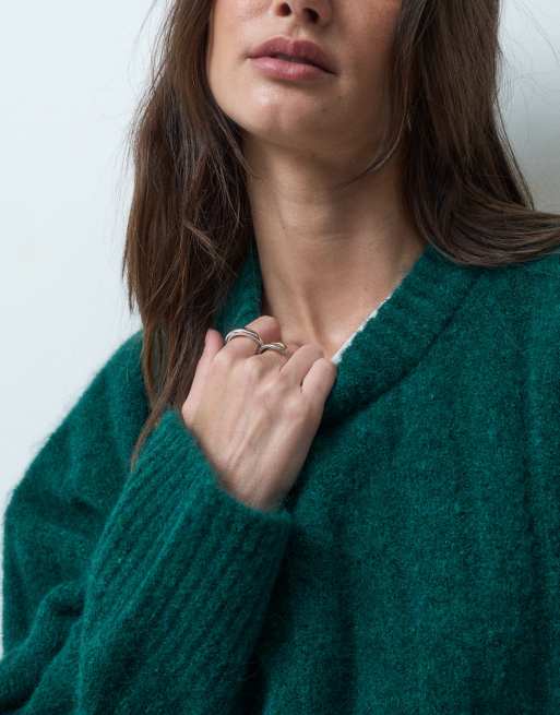 ASOS DESIGN relaxed rib crew neck knitted jumper in forest green, 3 of 4
