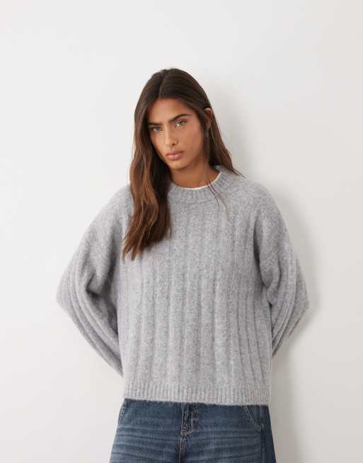 ASOS DESIGN relaxed rib crew neck knitted jumper in mid grey, 3 of 4